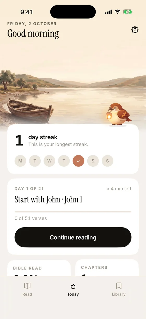 Today screen in the morning: Good morning, a one-day streak and Continue reading.